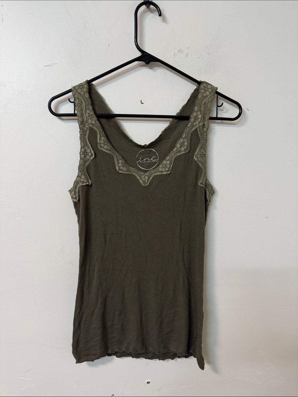 INC International Concepts Olive Lace-Trim Scoop Neck Tank Y2K